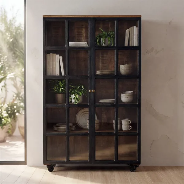 VITRINA NEGRO-NATURAL MADERA DE MANGO 115 X 40 X 194 CM