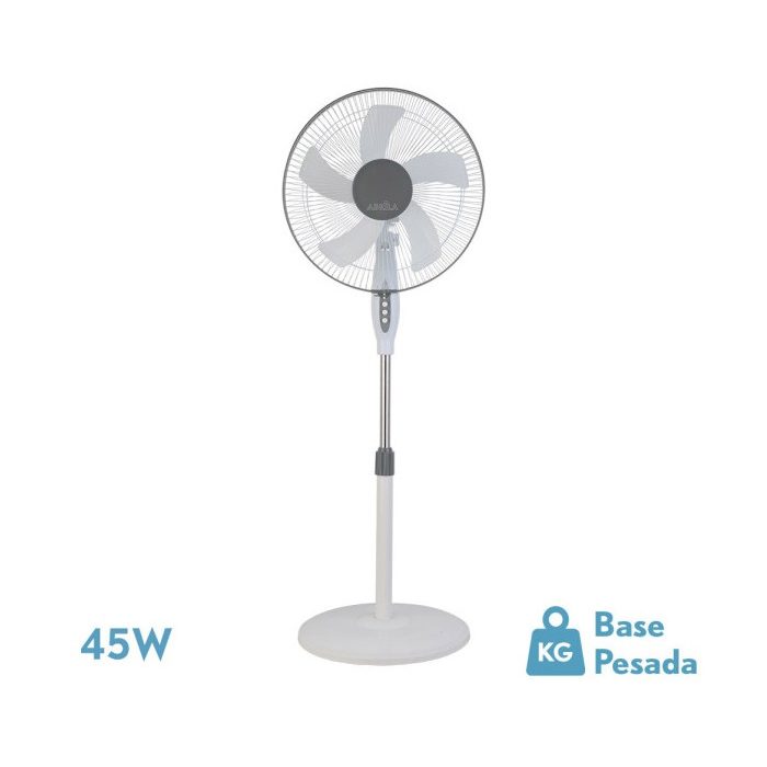 VENTILADOR DE PIE BELMONTE BLANCO/GRIS 3 VEL.45W 5ASPAS ORIENTABLE, FIJO Y ROTATORIO REGX43X40 CM