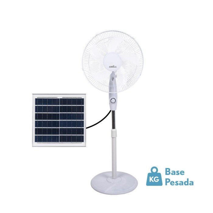 VENTILADOR DE PIE SOLAR FRONTERA BLANCO 20W 3VEL 5ASPAS PUERTO USB BATERIA LITIO REGX43X38CM