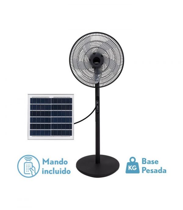 VENTILADOR DE PIE SOLAR RIALTO NEGRO 30W 3VEL 5ASPAS PUERTO USB BATERIA LITIO 112X41X38CM