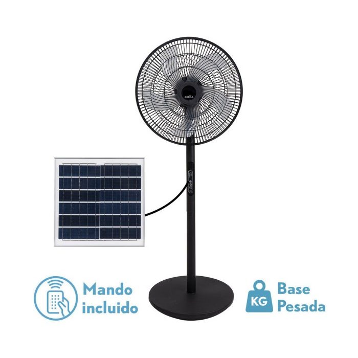 VENTILADOR DE PIE SOLAR RIALTO NEGRO 30W 3VEL 5ASPAS PUERTO USB BATERIA LITIO 112X41X38CM