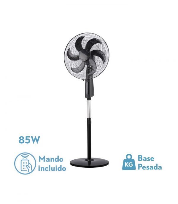 VENTILADOR DE PIE TOLON NEGRO 3 VEL.85W 6ASPAS REMOTO TEMPORIZADOR 3MODOS DE AIRE REGX50X43 CM