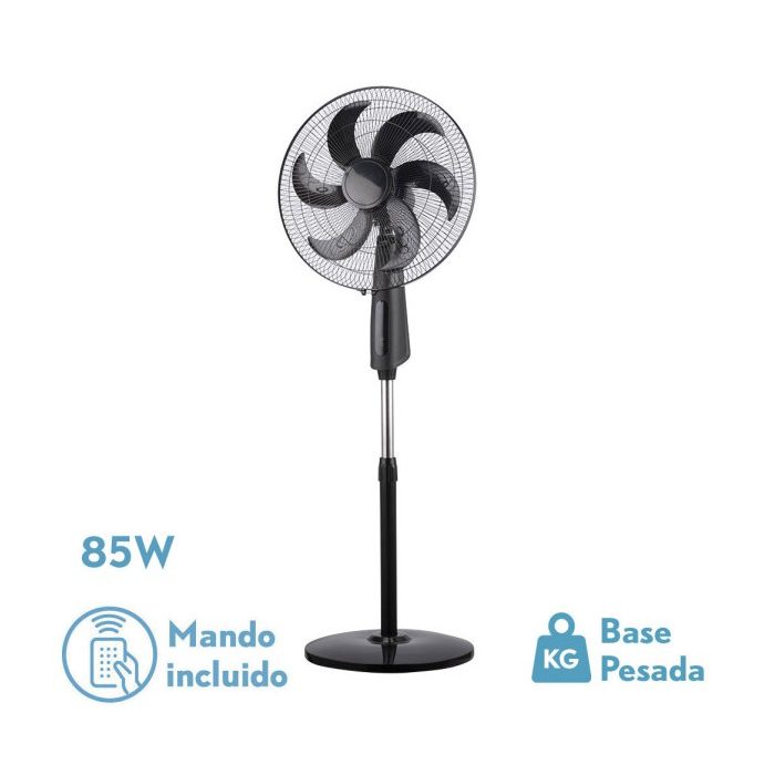 VENTILADOR DE PIE TOLON NEGRO 3 VEL.85W 6ASPAS REMOTO TEMPORIZADOR 3MODOS DE AIRE REGX50X43 CM