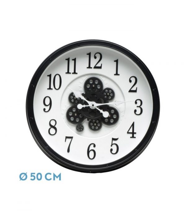 RELOJ DE PARED BERROCAL NEGRO/BLANCO 50X50X6CM ENGRANAJES CON MOVIMIENTO