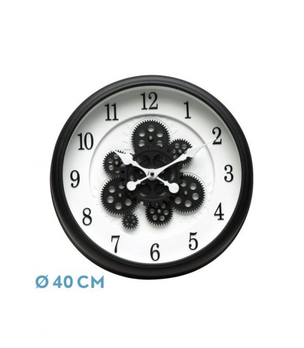 RELOJ DE PARED BUBION NEGRO/BLANCO 40X40X7CM ENGRANAJES CON MOVIMIENTO