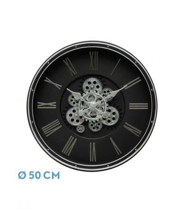 RELOJ DE PARED CACIN NEGRO/PLATA 50X50X6CM ENGRANAJES CON MOVIMIENTO