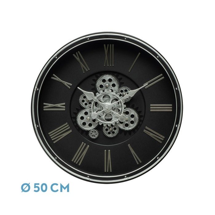 RELOJ DE PARED CACIN NEGRO/PLATA 50X50X6CM ENGRANAJES CON MOVIMIENTO