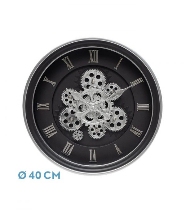 RELOJ DE PARED CHERCOS NEGRO/PLATA 40X40X7CM ENGRANAJES CON MOVIMIENTO