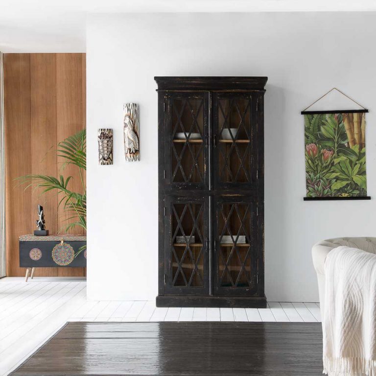 VITRINA DE MADERA Y CRISTAL ARTESANAL NEGRO 90X40X183