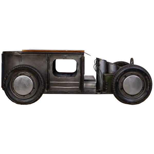 COCHE MESA DE CENTRO BOTELLERO METAL MADERA ACABADO ARTESANAL GRIS 170x70x50 - Imagen 3
