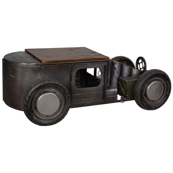 COCHE MESA DE CENTRO BOTELLERO METAL MADERA ACABADO ARTESANAL GRIS 170x70x50 - Imagen 4