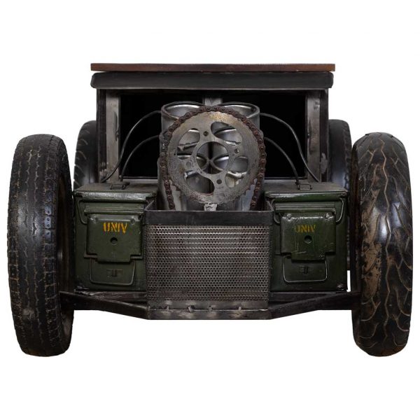 COCHE MESA DE CENTRO BOTELLERO METAL MADERA ACABADO ARTESANAL GRIS 170x70x50 - Imagen 5