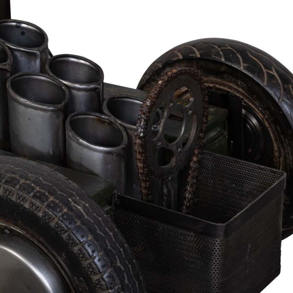 COCHE MESA DE CENTRO BOTELLERO METAL MADERA ACABADO ARTESANAL GRIS 170x70x50 - Imagen 6