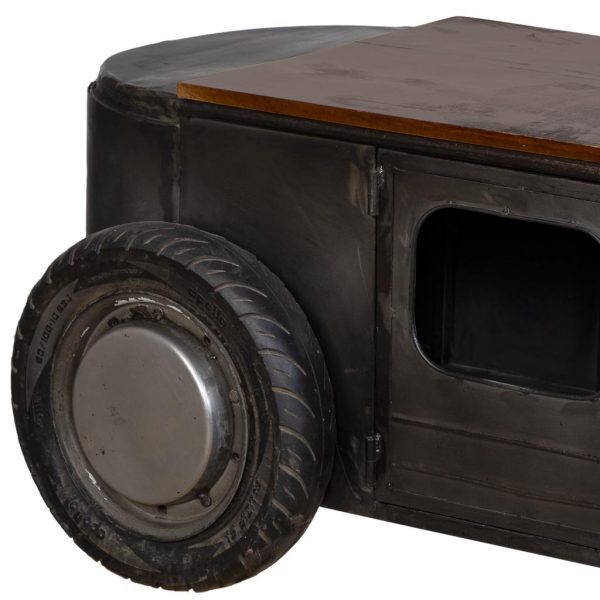 COCHE MESA DE CENTRO BOTELLERO METAL MADERA ACABADO ARTESANAL GRIS 170x70x50 - Imagen 7