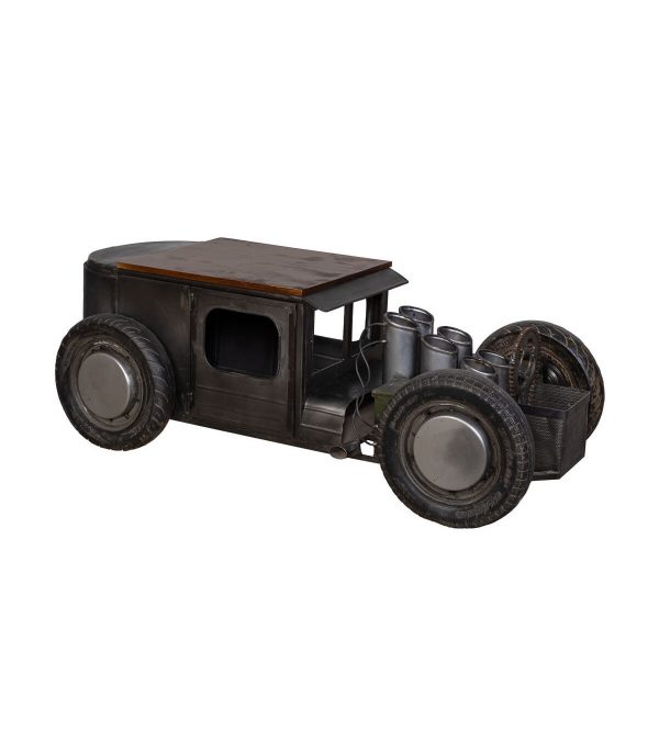 COCHE MESA DE CENTRO BOTELLERO METAL MADERA ACABADO ARTESANAL GRIS 170x70x50