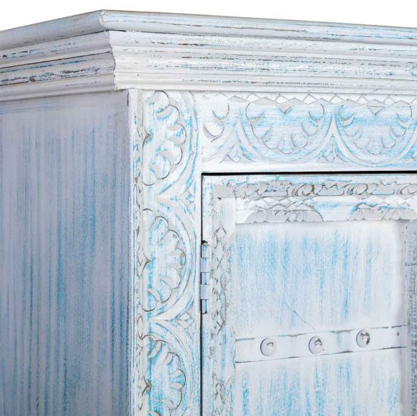 ARMARIO MADERA TALLADA ACABADO ARTESANAL ENVEJECIDO AZUL 95x45x194 - Imagen 6