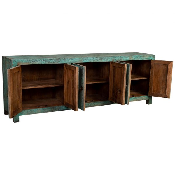 APARADOR MADERA 6 PUERTAS ACABADO ARTESANAL ENVEJECIDO VERDE 200x40x70 - Imagen 4