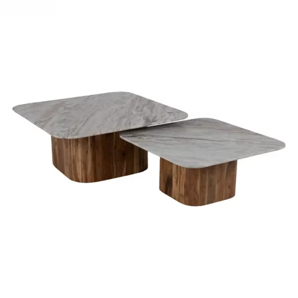 S/2 MESA CENTRO MADERA-MÁRMOL SALÓN 100 X 100 X 41 CM - Imagen 3