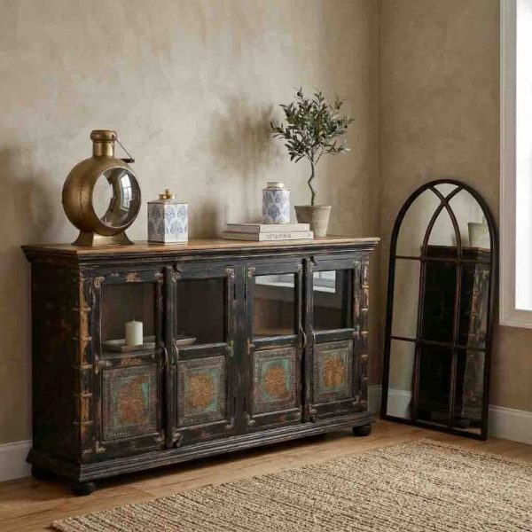 APARADOR MADERA CRISTAL METAL MARRÓN 170X40X90CM