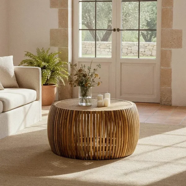 MESA CENTRO MADERA-RATÁN SALÓN 75 X 75 X 43 CM