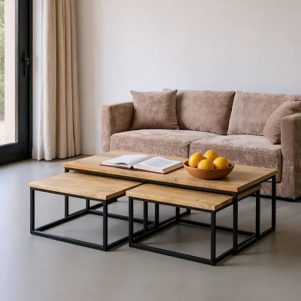 S/3 MESA CENTRO NATURAL MADERA-METAL 130 X 60 X 40 CM