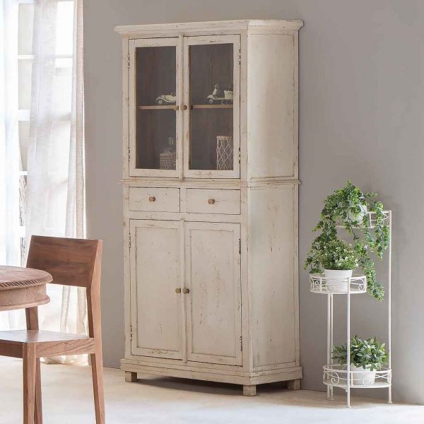 VITRINA MADERA CRISTAL 4 PUERTAS 2 CAJONES BLANCO 85X40X180CM