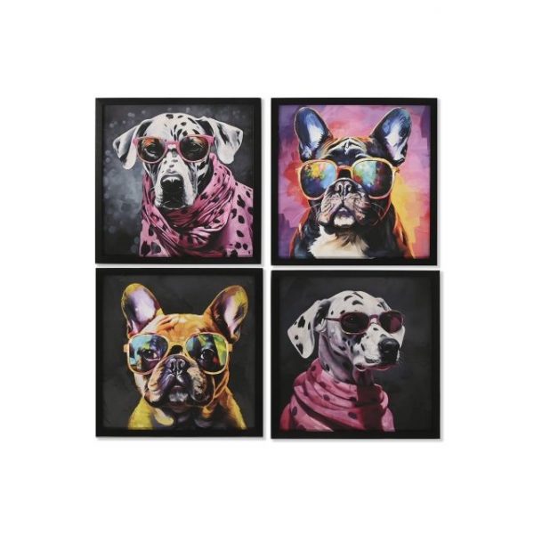 CUADRO SET 4 LIENZO MDF 32X2X32 PERRO GAFAS