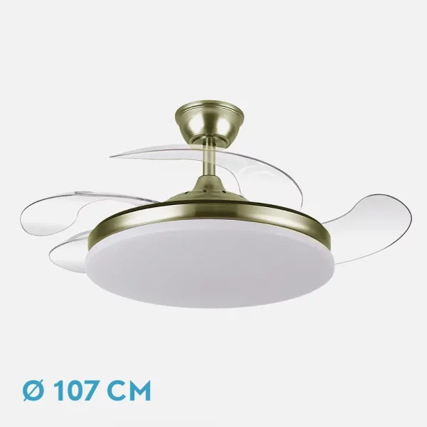 VENTILADOR DC TRIDENTE 59W CUERO 4ASPAS DESP 107D 6980LM REG.INTENSIDAD REMOTO+TEMPORIZADOR+MEMORIA 3000-4000-6000K