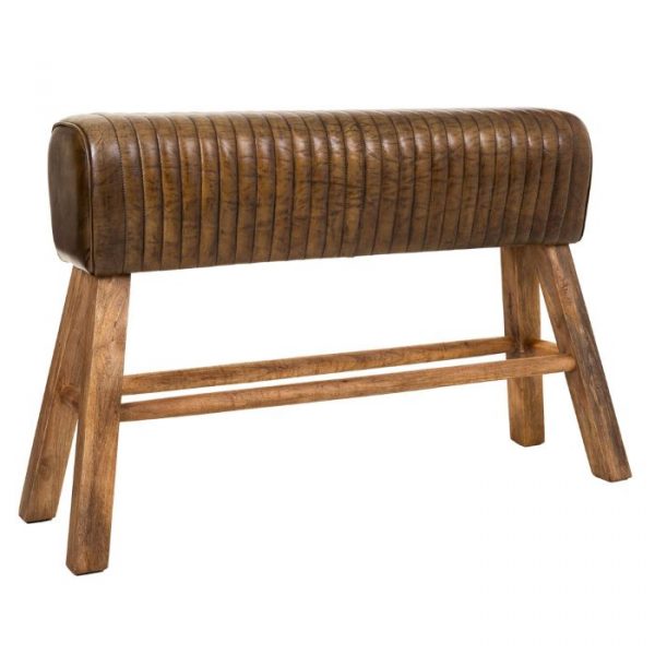 BANQUETA DE MADERA Y PIEL MARRÓN120X35X76CM