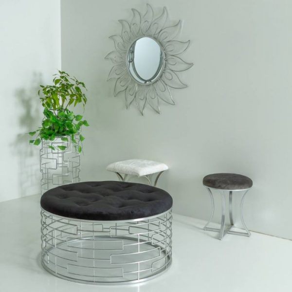 BANQUETA REDONDA TERCIOPELO NEGRO METAL PLATEADO D91,5X47