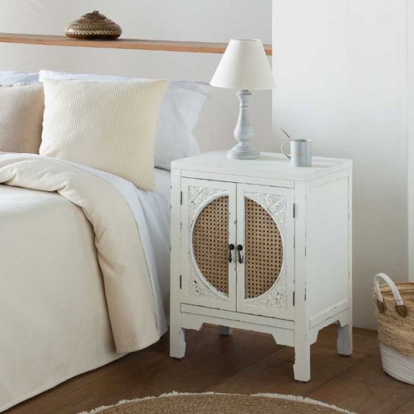 MESITA DE NOCHE 50X36X65 MADERA BLANCO RATAN NATURAL