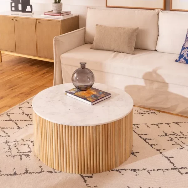 MESA CENTRO NATURAL-BLANCO MÁRMOL/MADERA 80 X 80 X 40 CM