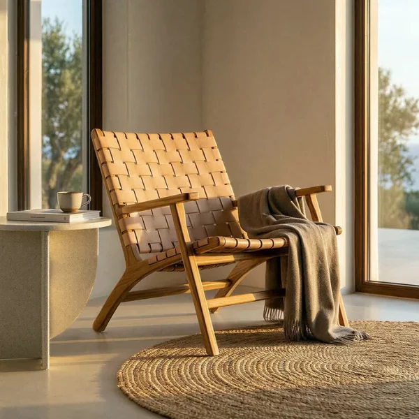 BUTACA BEIGE MADERA TECA-PIEL 74 X 78 X 75 CM