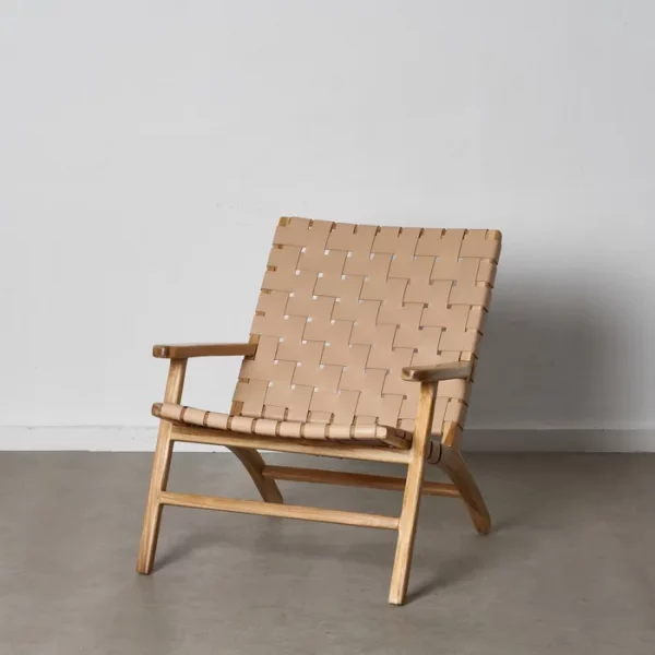 BUTACA BEIGE MADERA TECA-PIEL 74 X 78 X 75 CM