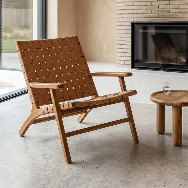 BUTACA MARRÓN MADERA TECA-PIEL SALÓN 74 X 78 X 75 CM