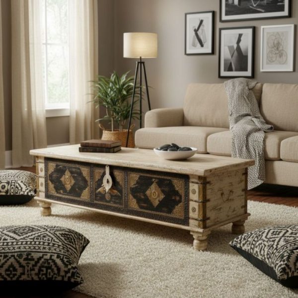 BAÚL MADERA MANGO BEIGE DECORADO 150X45X45CM