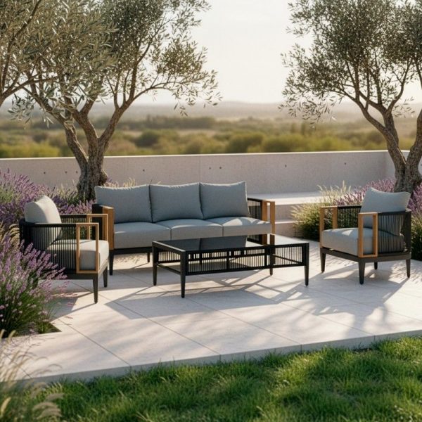 SET SOFA 3P+2 SILLONES+MESA CENTRO ALUMINIO 74X74X66/198X74X66/128X60X41