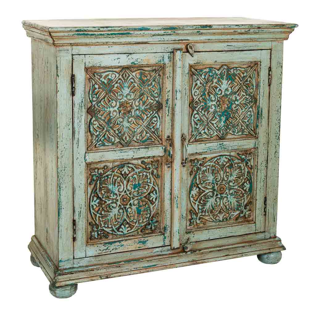 RECIBIDOR MADERA MANGO AZUL ENVEJ 90X40X90CM