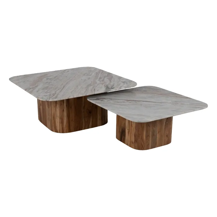 S/2 MESA CENTRO MADERA-MÁRMOL SALÓN 100 X 100 X 41 CM - Imagen 2