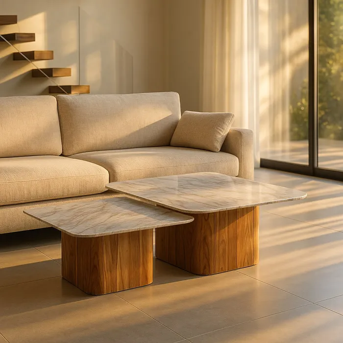 S/2 MESA CENTRO MADERA-MÁRMOL SALÓN 100 X 100 X 41 CM