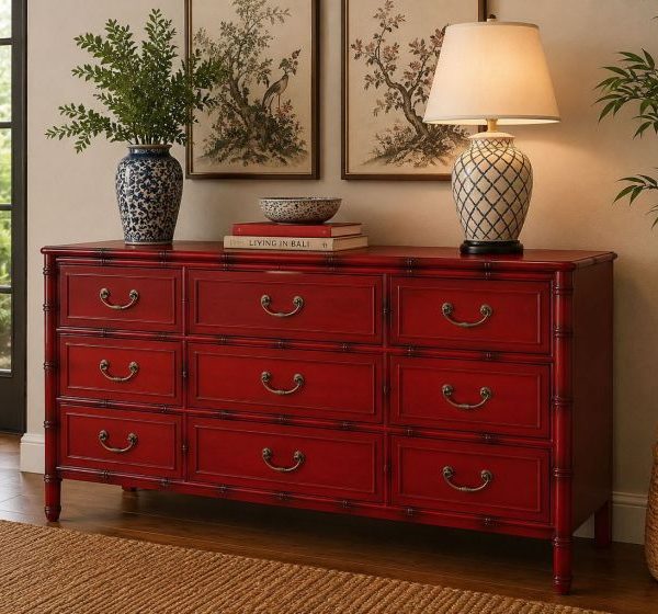 APARADOR 9 CAJONES MADERA BAMBU ROJO 155X45X81CM