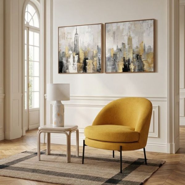 CUADRO LIENZO 80X80CM MARCO MADERA SKYLINE 80% A MANO
