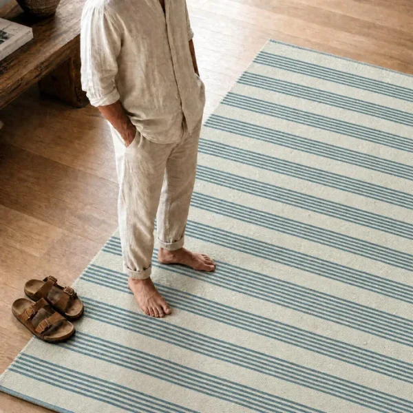 ALFOMBRA RAYAS NATURAL-AZUL 160 X 230 CM